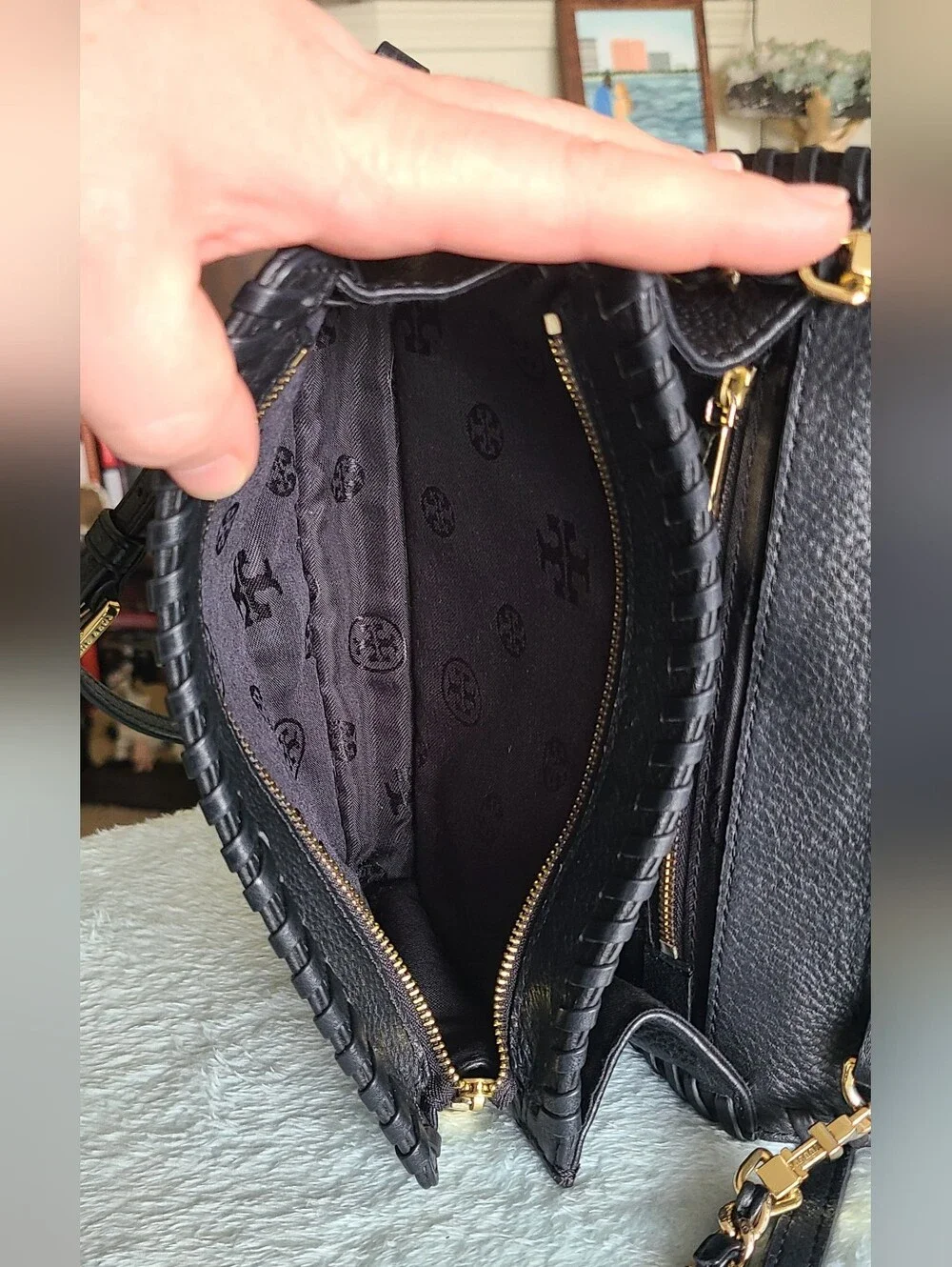 Tory Burch Black Whipstitch Leather Crossbody Bag